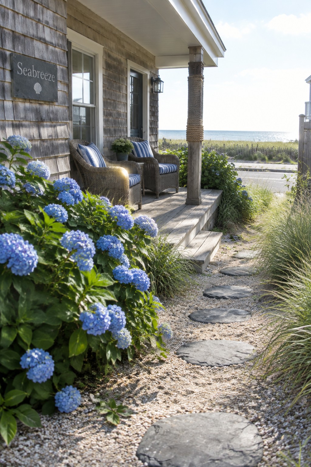 Blue hydrangeas line a gravel path with stepping stones beside a shingled beach house.