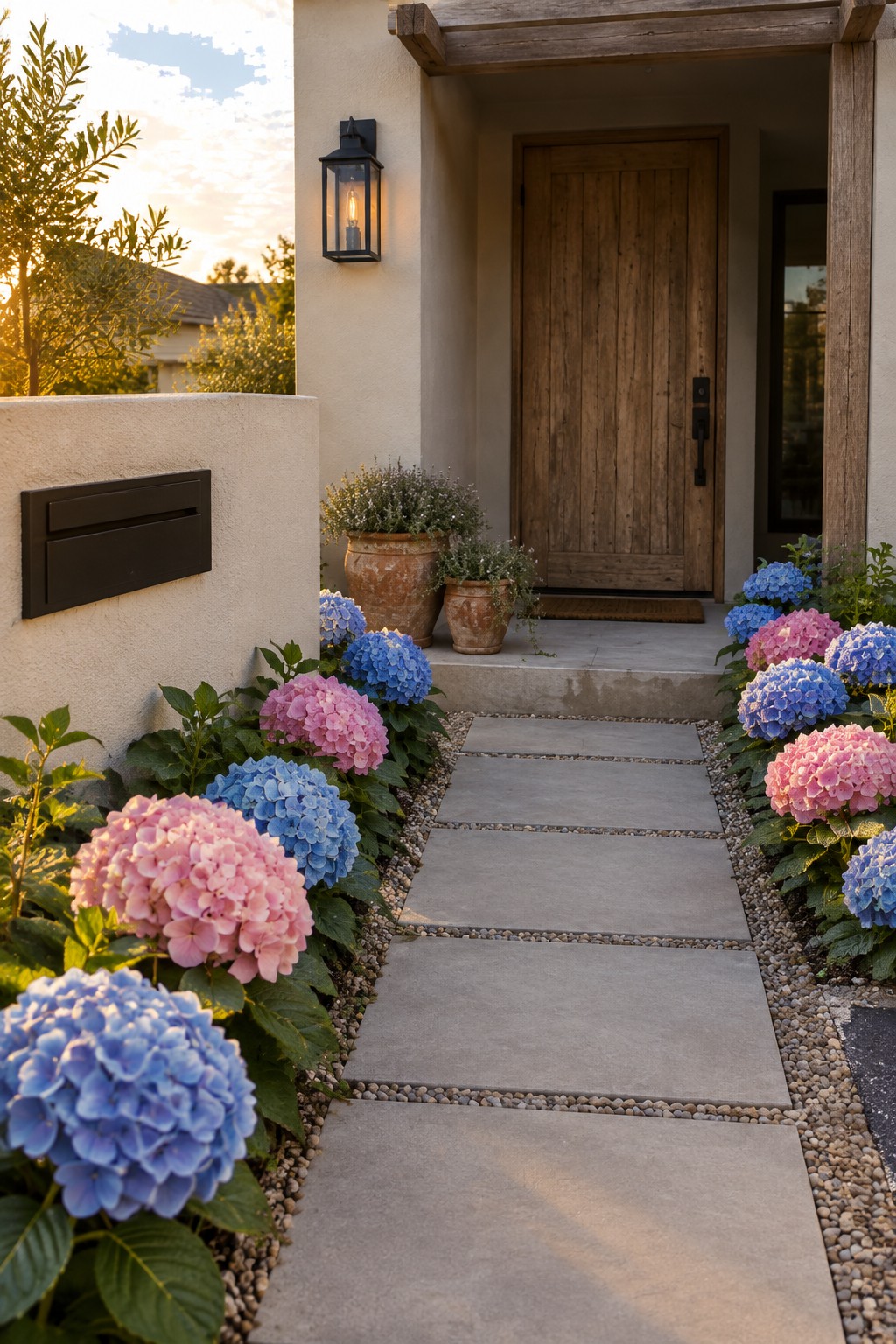 Broad concrete stepping stones run between pink and blue hydrangeas toward a wooden front door.