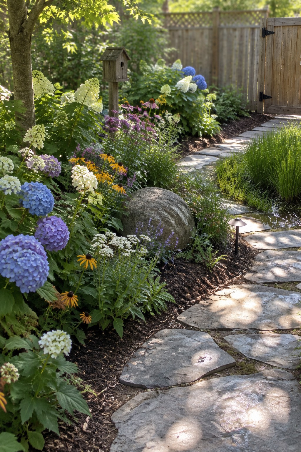 Blue and purple hydrangeas grow beside an irregular stone path through a garden with a wooden birdhouse and fence.