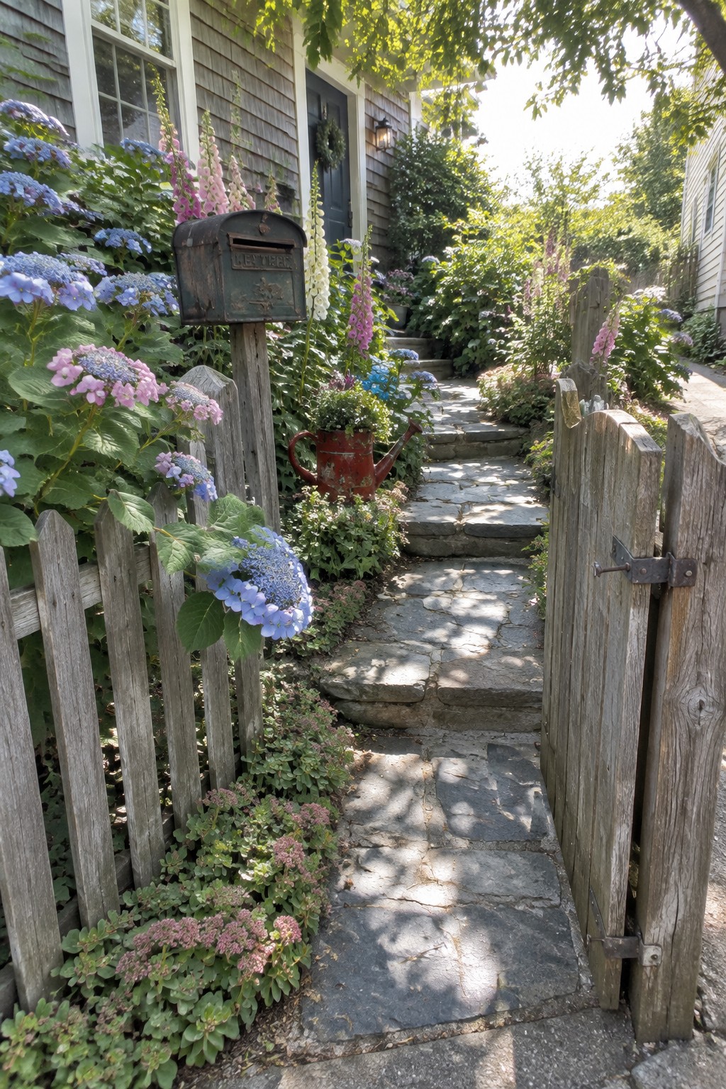 Stone steps lead through a small front garden bordered by hydrangeas and a wooden picket gate.