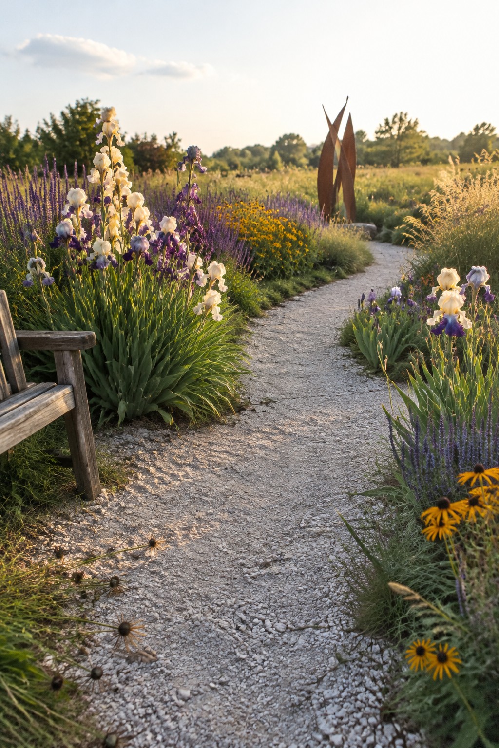 A gravel path curves through flower beds filled with purple and pale yellow irises.