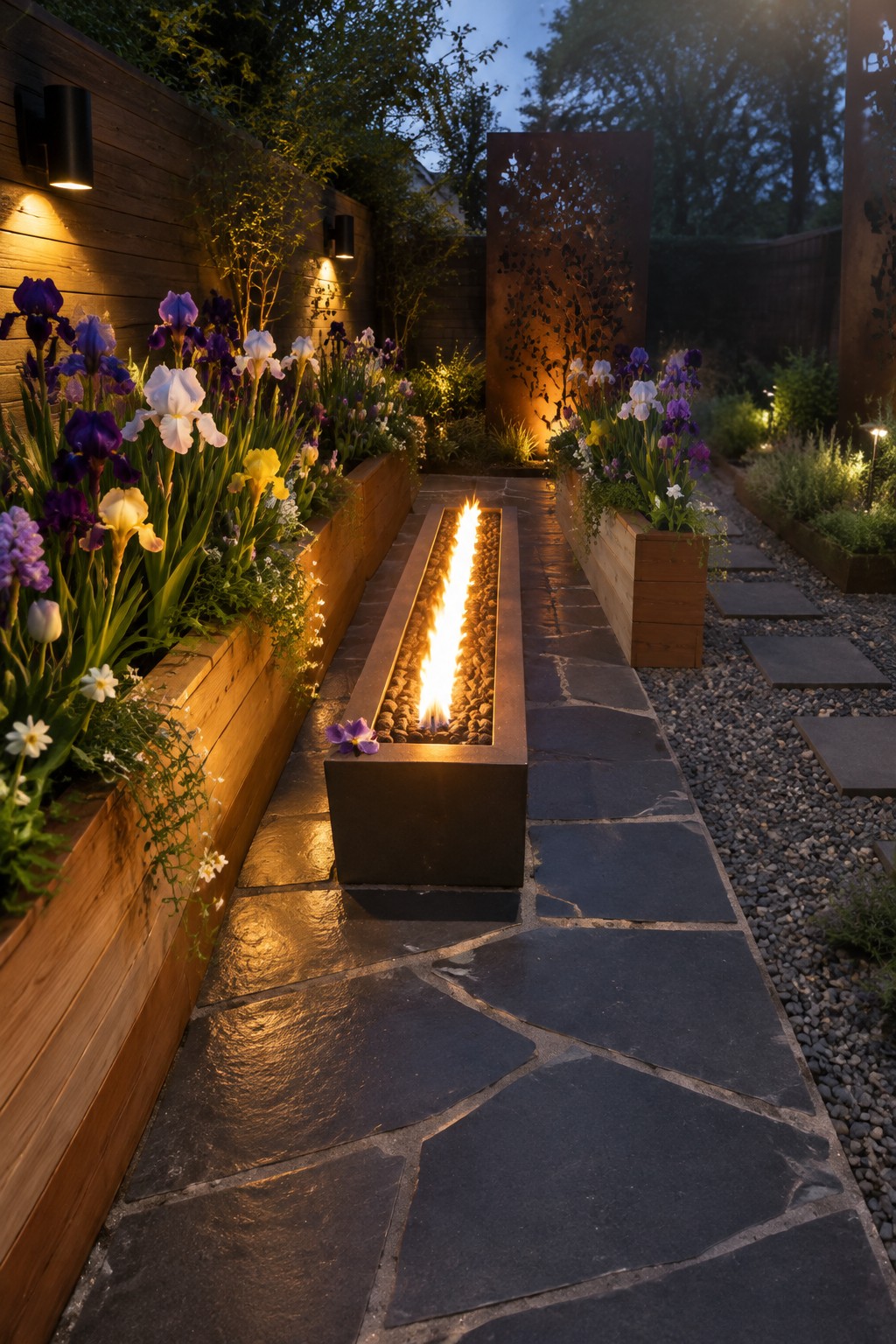 Purple, white, and yellow irises border a stone walkway with a long rectangular gas fire feature, wooden raised beds, and a perforated metal screen.