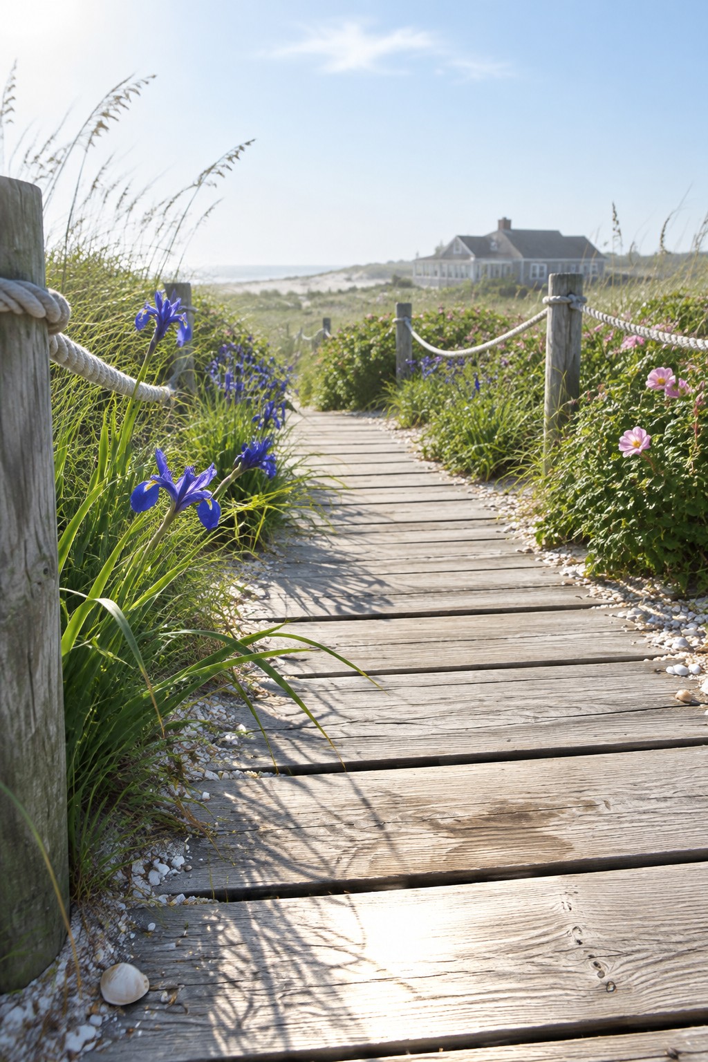 Blue irises and grasses grow beside a wooden boardwalk bordered by rope railings, with a beach house in the distance.