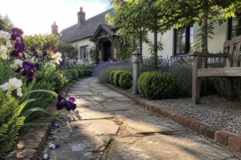 Irregular stone slabs form a garden path bordered by purple and white irises, with a cottage in the background.