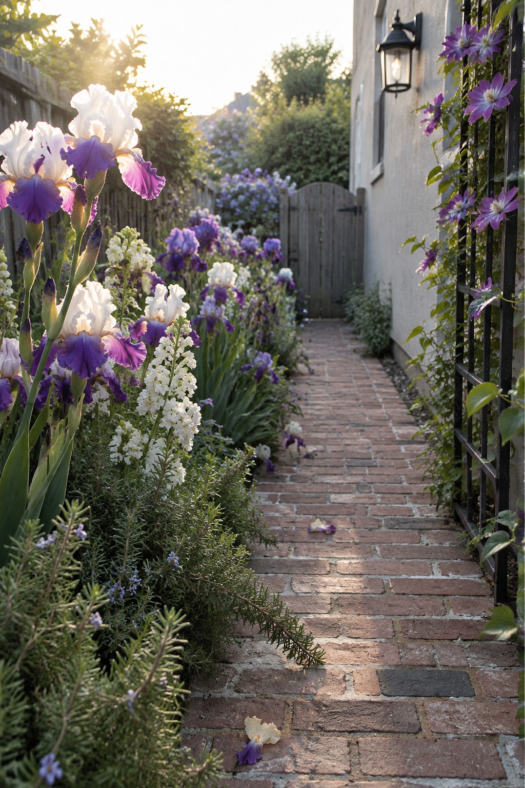 A brick walkway runs between garden beds filled with white and purple irises, with clematis growing on a metal trellis.