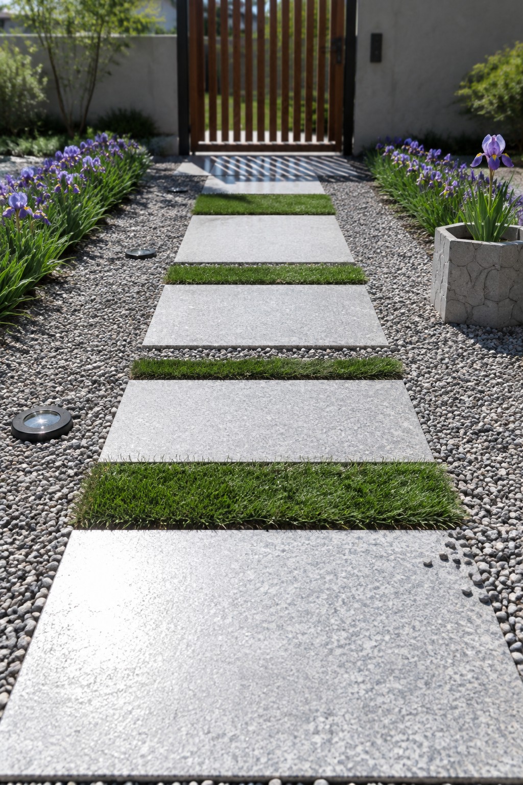Large gray stone slabs form a walkway through gravel, with strips of grass between them and purple irises along the sides.