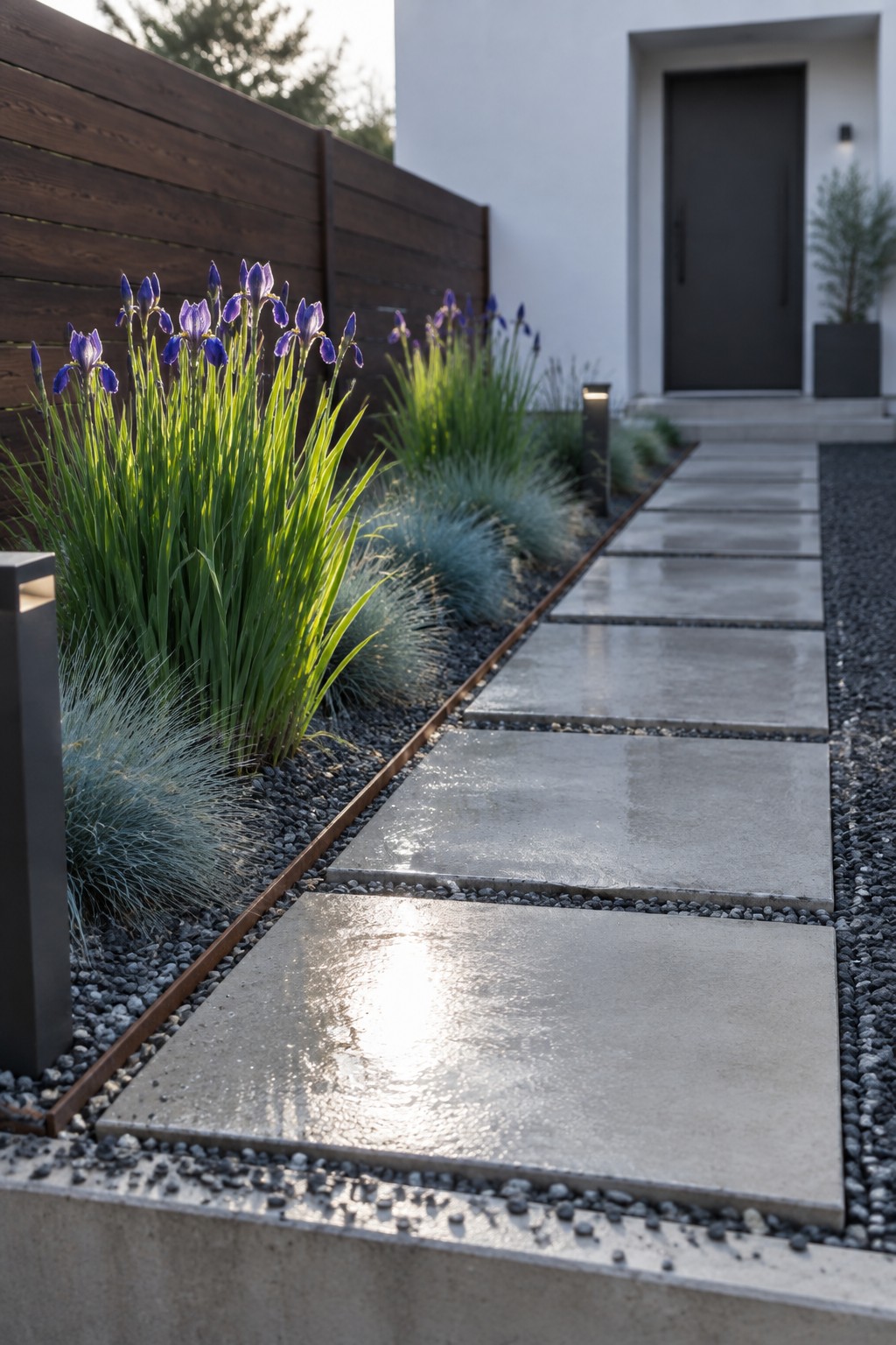 Purple iris flowers and ornamental grasses grow beside a gravel walkway of large concrete stepping stones leading to a dark front door.