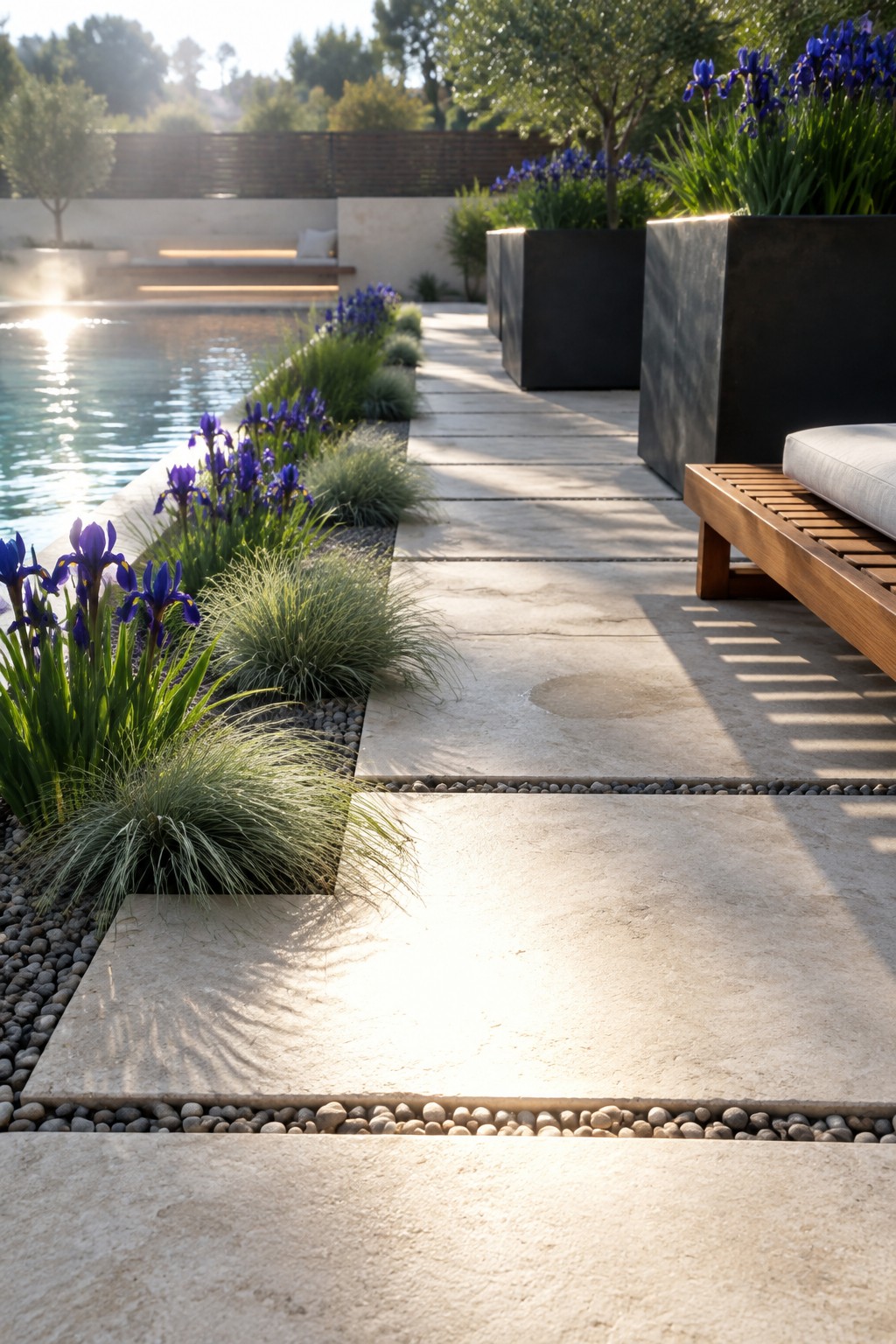 Large pale stone slabs form a walkway beside a pool, with purple irises and grasses along the edges.