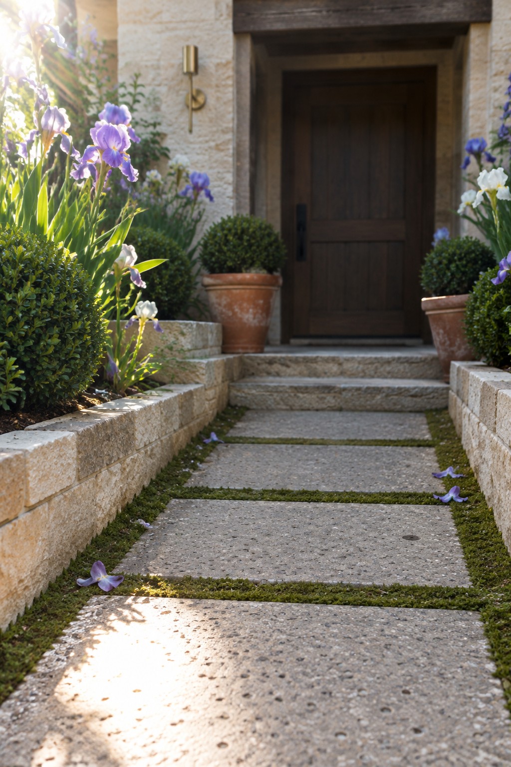 A stone walkway leads to a dark wooden front door, bordered by low stone walls, clipped shrubs, and purple and white irises.