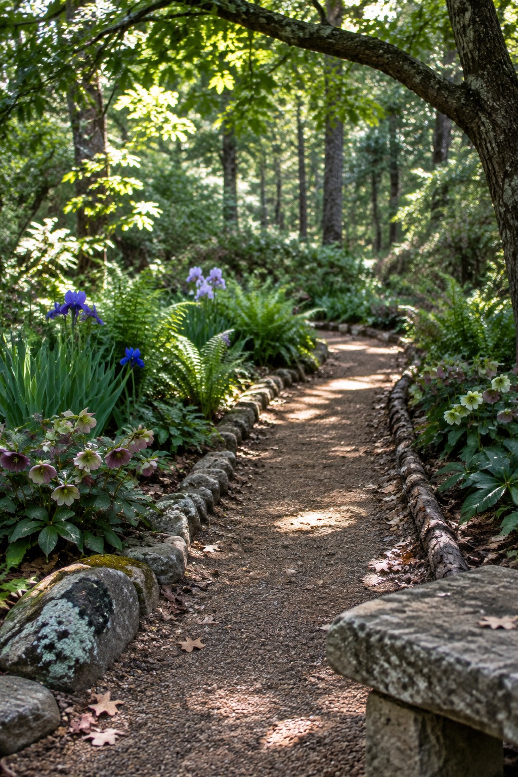 A dirt garden path edged with stones and a fallen log, with purple irises and other flowers growing beside it.