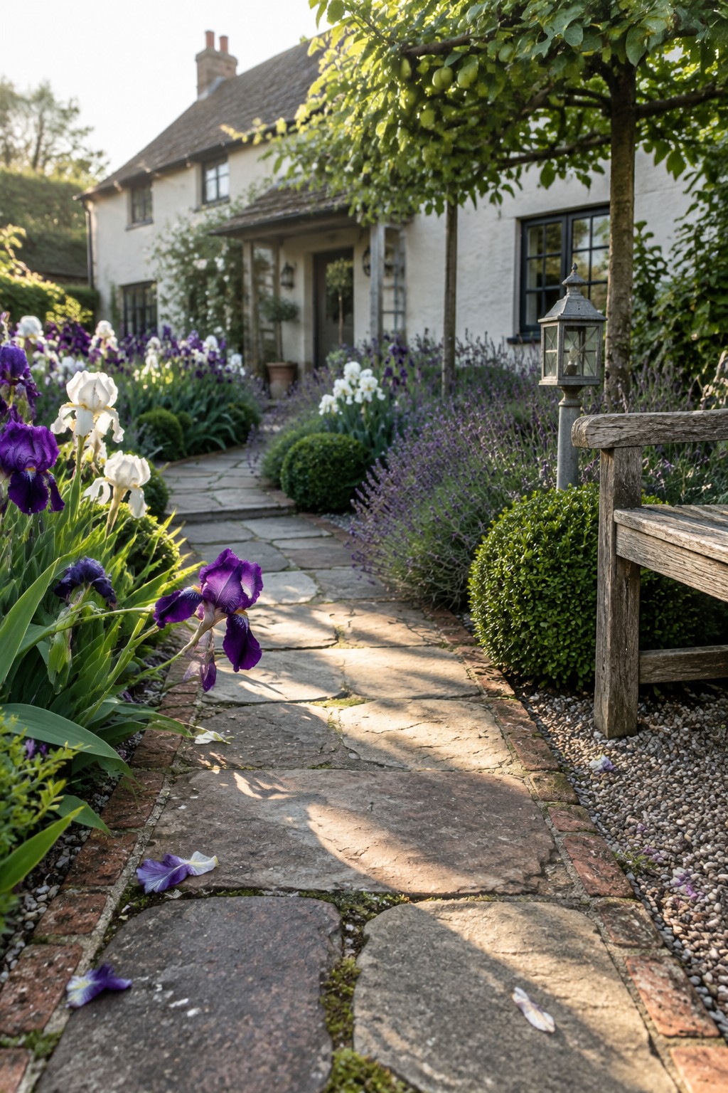 Irregular stone slabs form a garden path bordered by purple and white irises, with a cottage in the background.