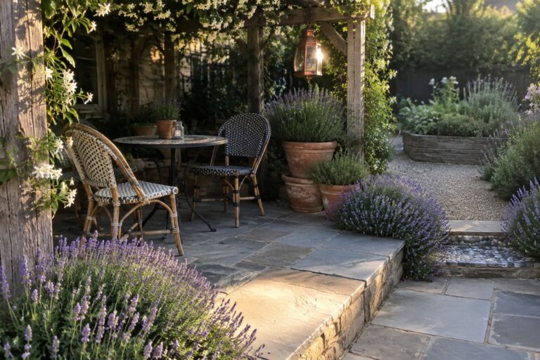 Lavender borders a stone patio path leading to a shaded seating area beneath a flowering pergola.