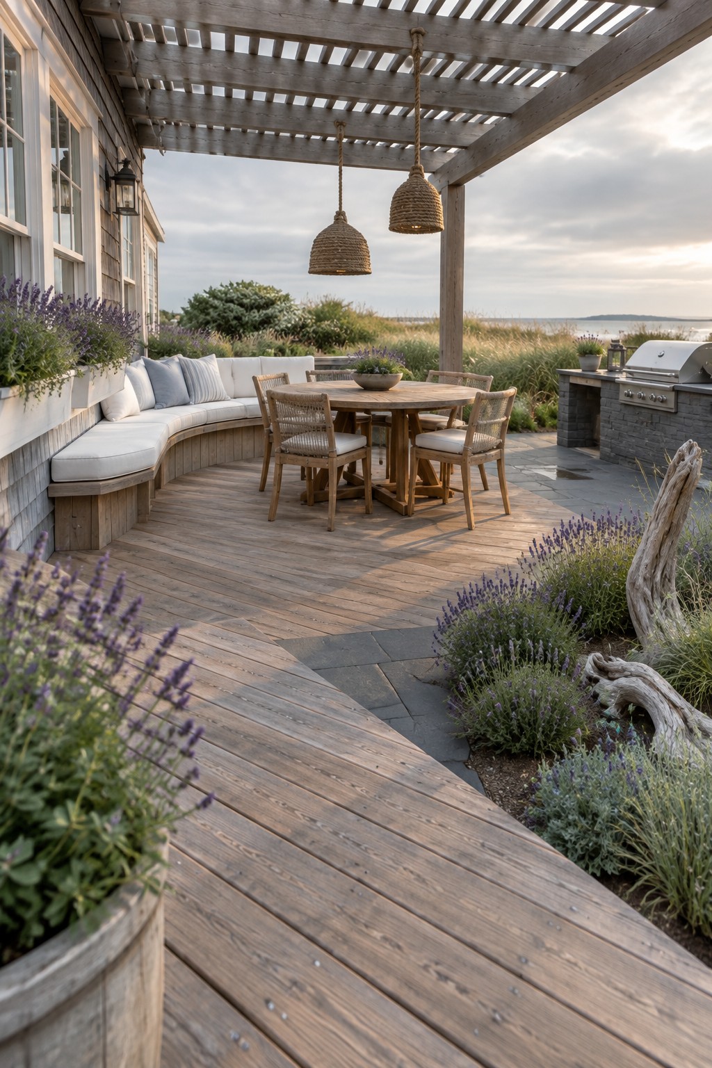 A wooden patio with a round dining table, chairs, curved cushioned bench, pergola, and lavender planters.