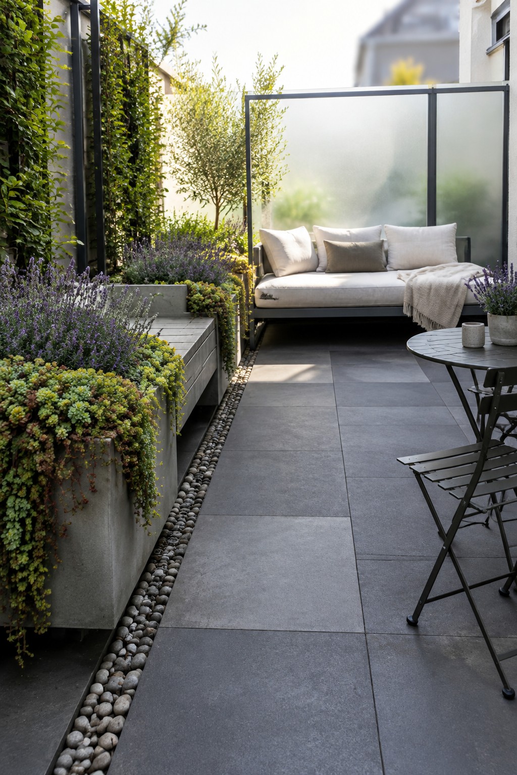 A patio seating area with a sofa in front of a frosted glass privacy screen and lavender planters beside gray paving.