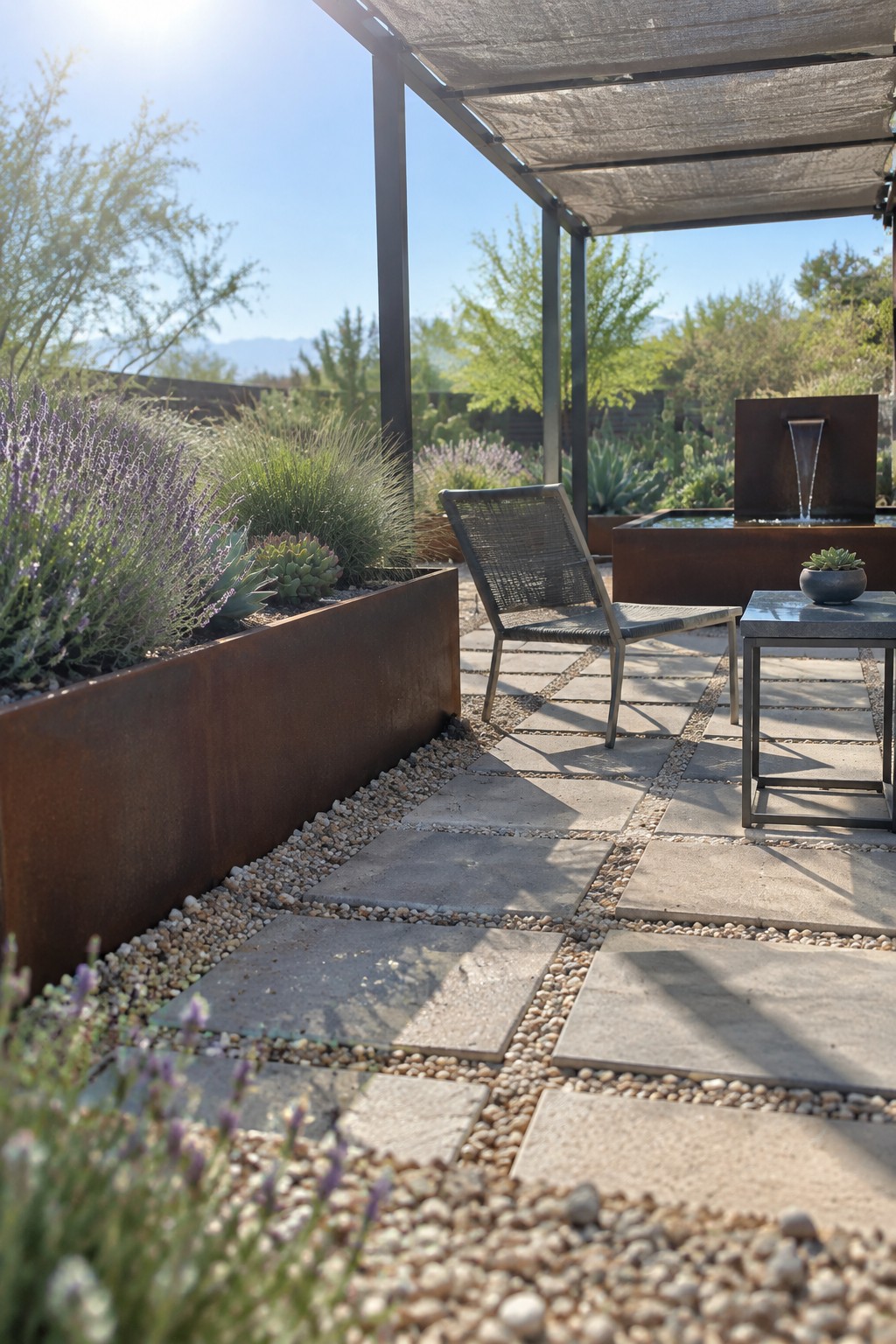 A fabric-covered pergola shades a stone patio with a metal chair, raised planting bed, and water feature.