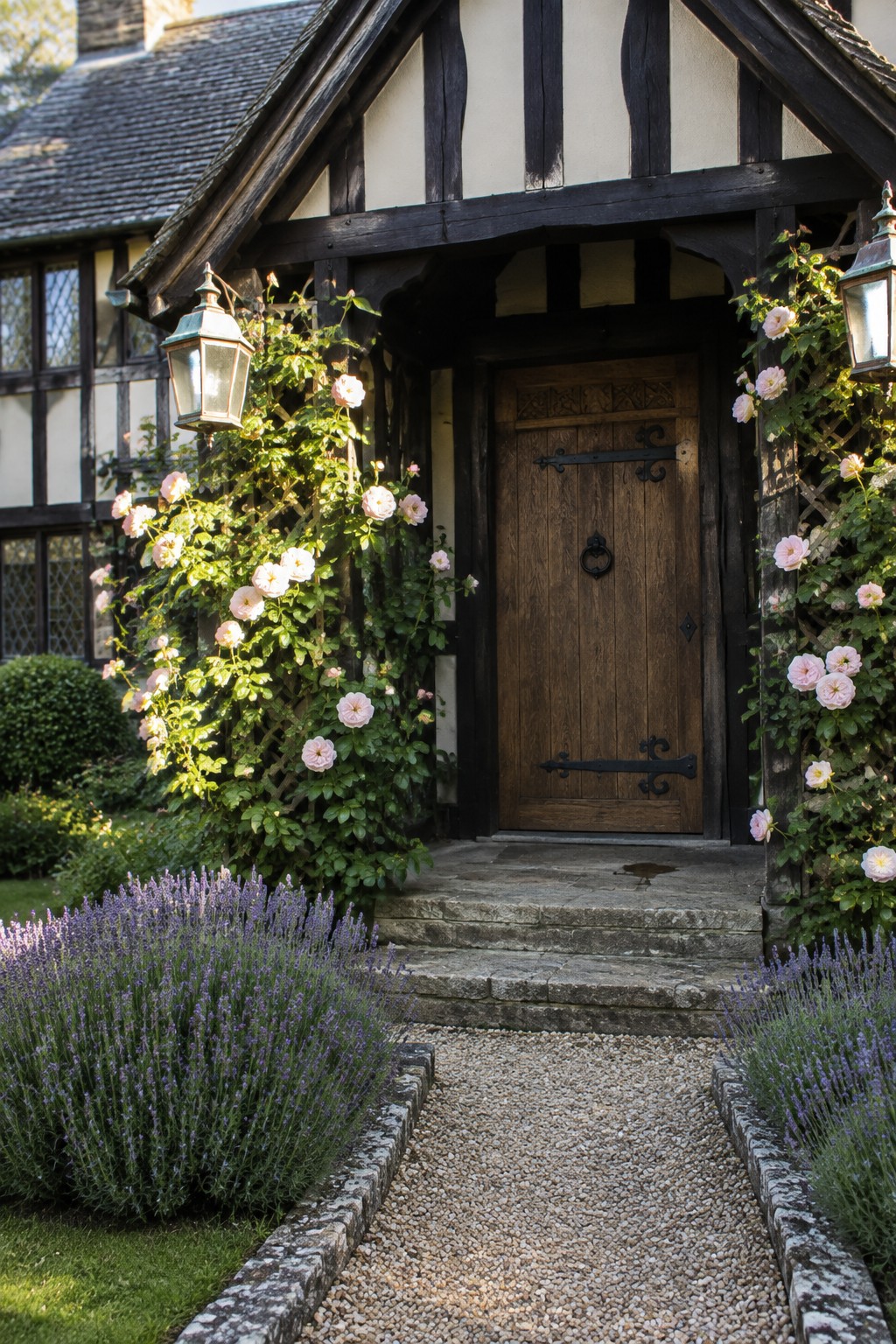 A gravel path edged with stone leads to a wooden front door, with pale roses growing beside the entry.