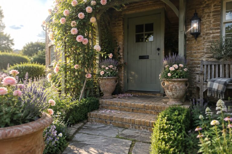 Pink climbing roses cover a trellis beside a sage-green front door, with flower pots on the brick porch steps.