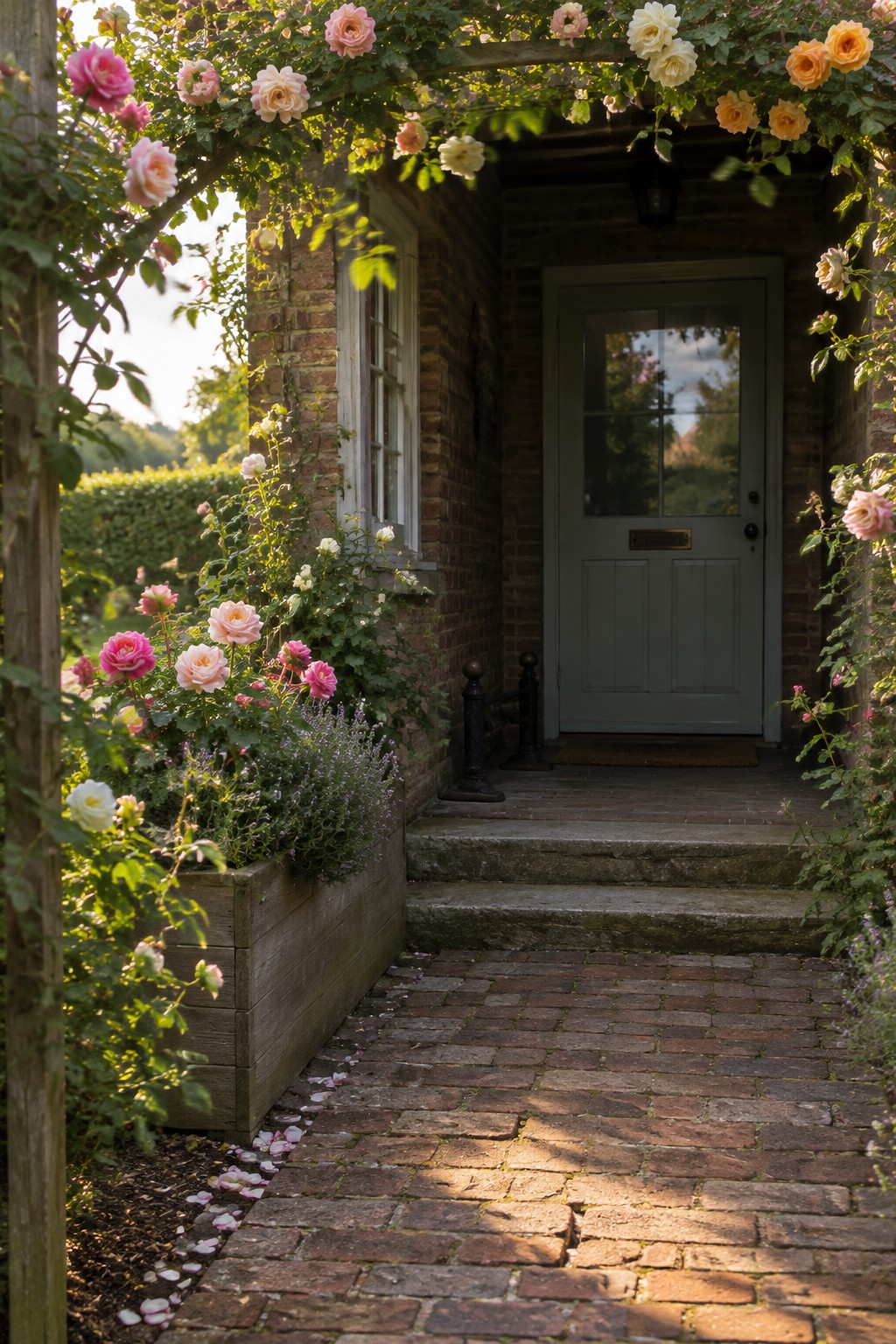A brick walkway leads past rose-filled wooden planters to a gray front door beneath a rose-covered pergola.