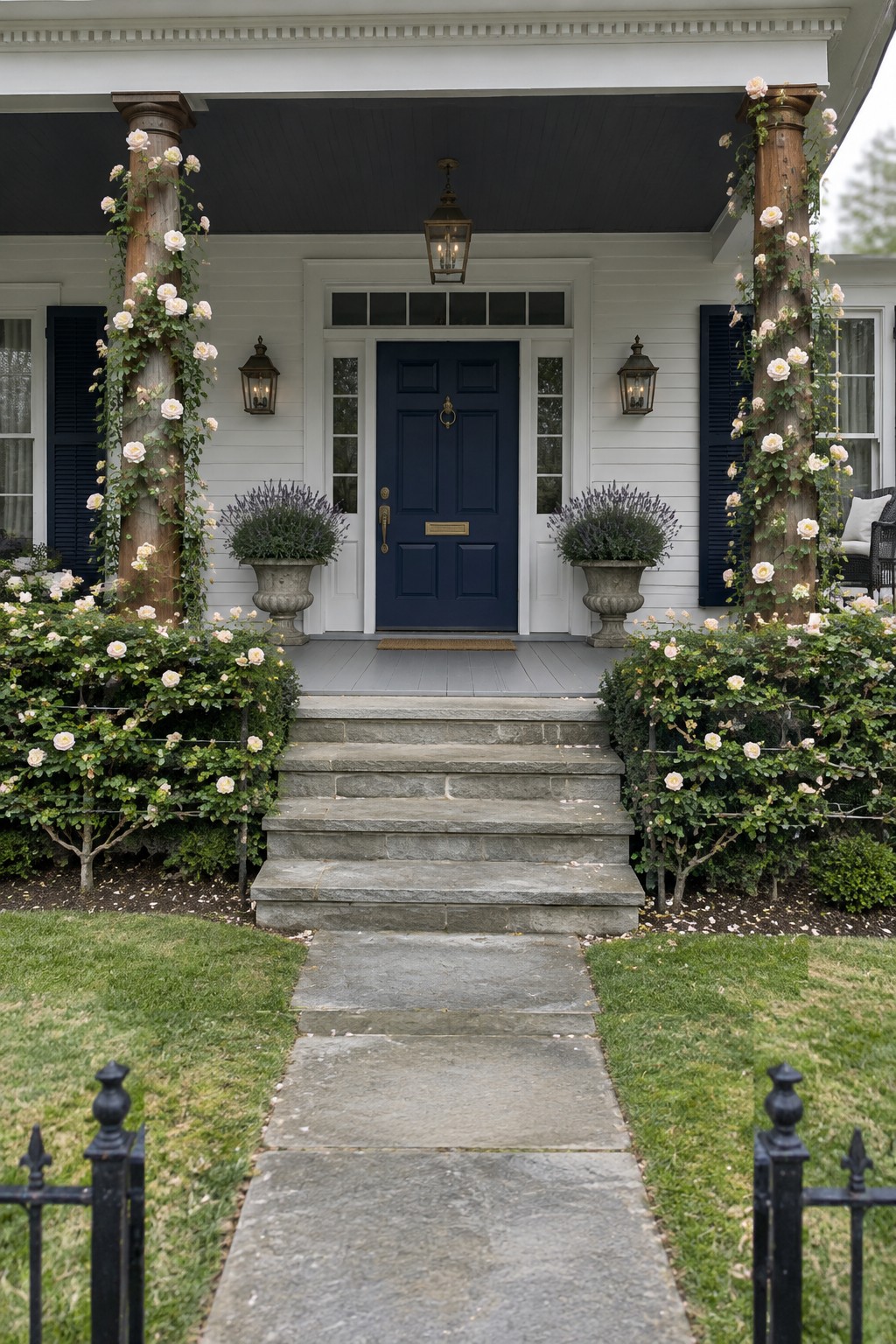 Pale climbing roses grow up two wooden porch columns beside a dark blue front door and stone steps.
