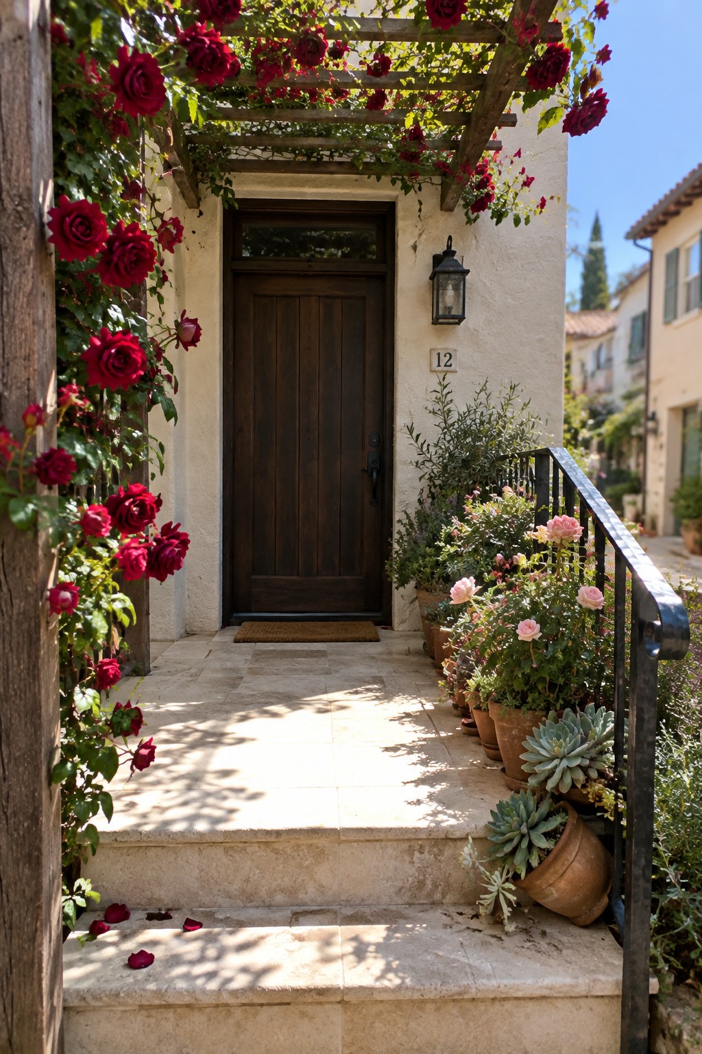 Red climbing roses grow along a pergola beside a raised stone entry with a dark wooden door and potted plants.