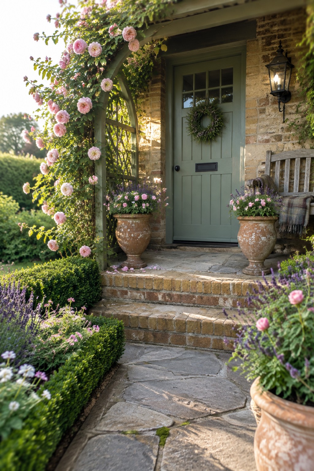 Pink climbing roses cover a trellis beside a sage-green front door, with flower pots on the brick porch steps.