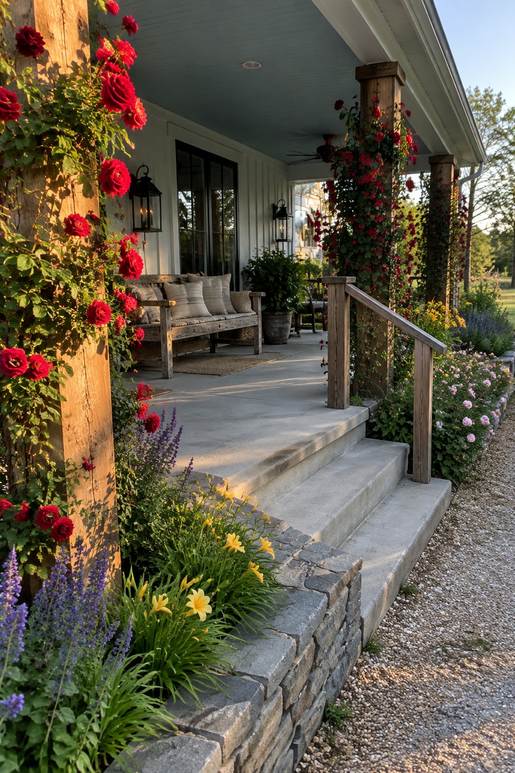 Red roses climb wooden porch posts beside concrete steps and a flower bed.