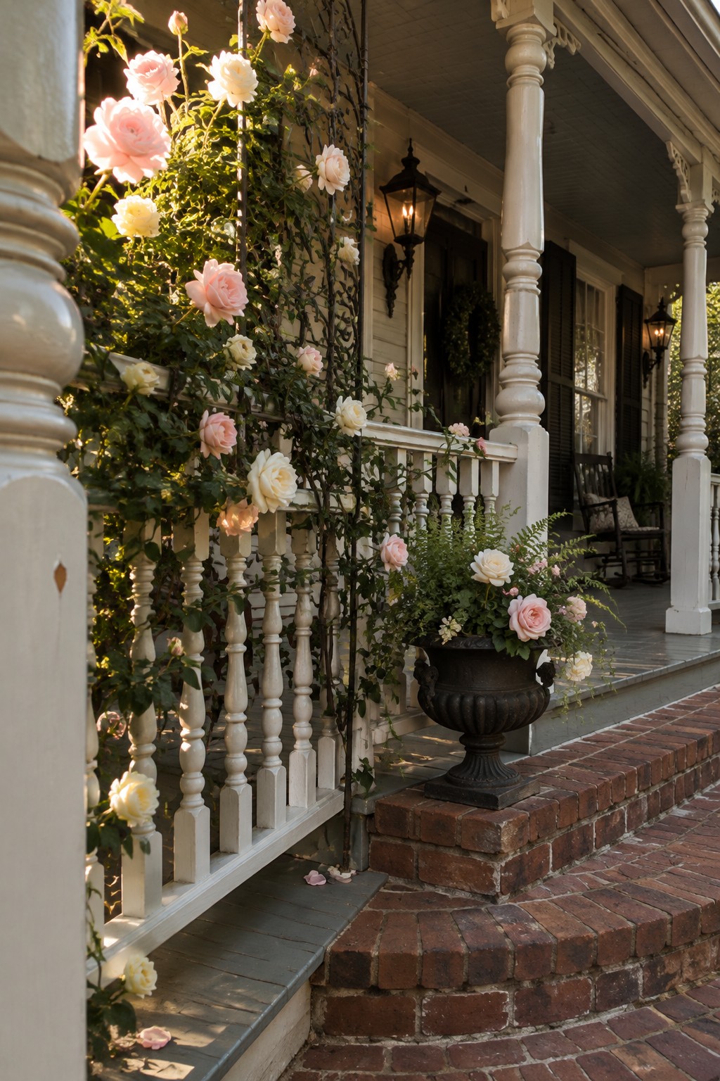 Pink and cream roses climb a trellis beside a white porch railing, with a black flower urn on brick steps.