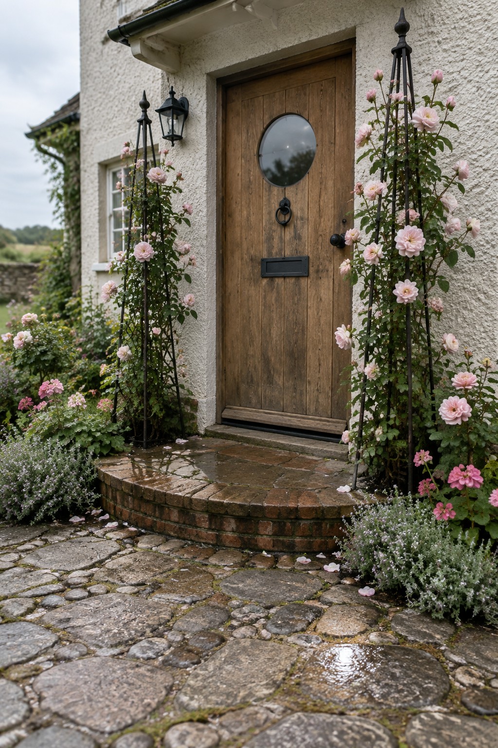 Pink climbing roses grow on black metal supports beside a wooden front door with a round window.