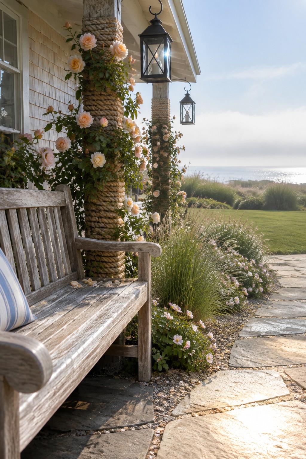 Pale climbing roses grow on rope-wrapped porch posts beside a weathered wooden bench.