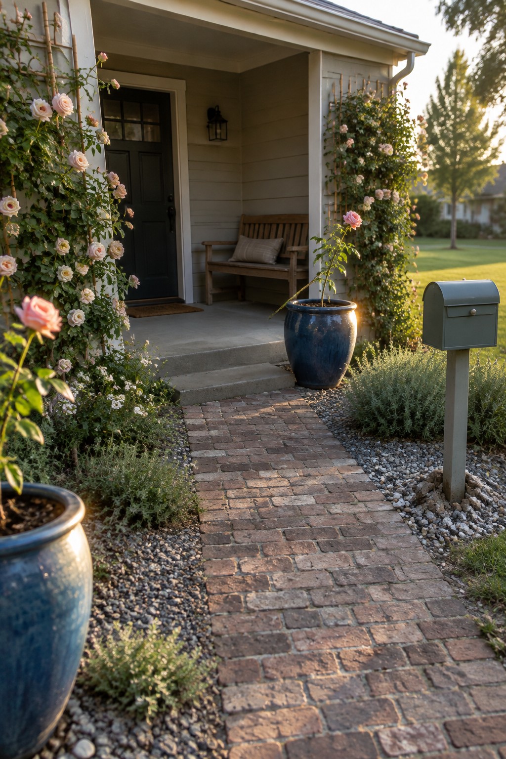 A brick path leads to a covered porch lined with climbing roses, with a blue planter and a mailbox beside the walkway.