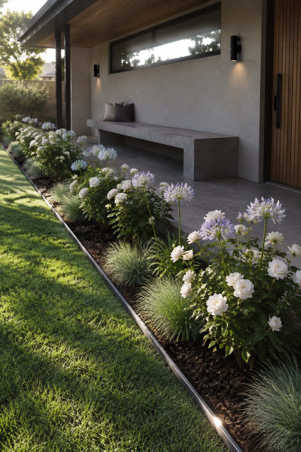 White roses, pale purple flowers, and ornamental grasses grow in a mulched bed edged with metal beside a lawn and covered porch.