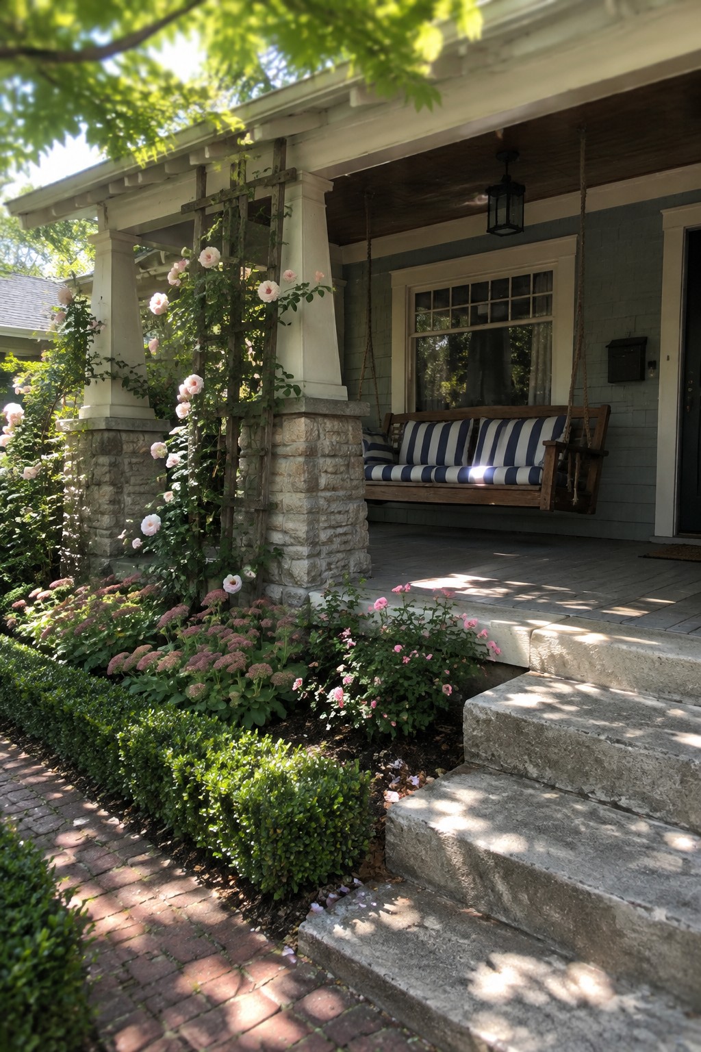 Pale pink climbing roses grow on a wooden trellis beside a white porch column.