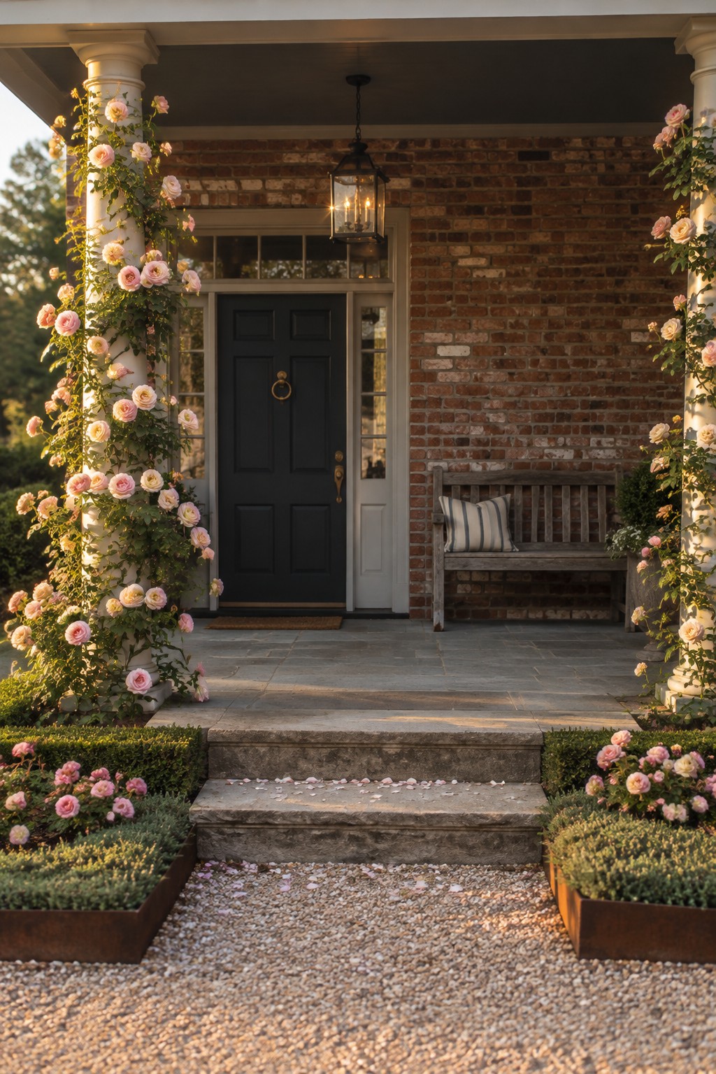 Pink climbing roses grow around white porch columns beside a brick entry with a dark front door.