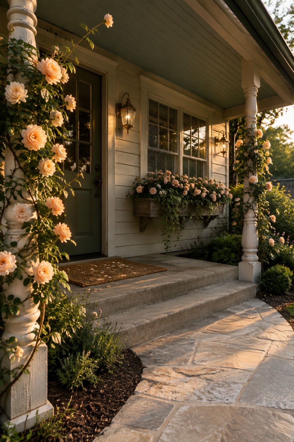 A white front porch with pale pink roses climbing a column and flowering in a wooden window box beneath the windows.