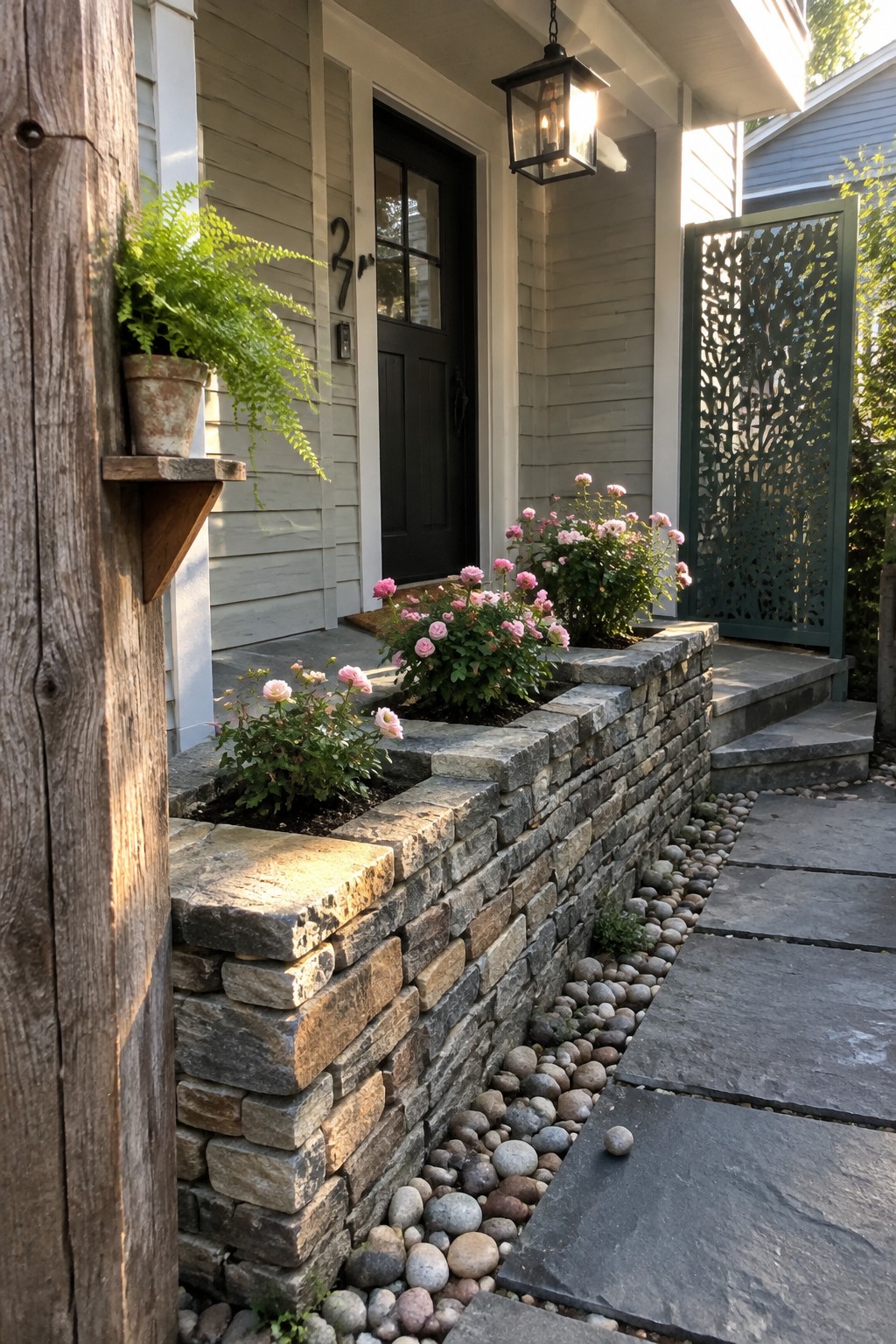 Pink roses grow in raised stone beds beside a front walkway leading to a dark entry door.