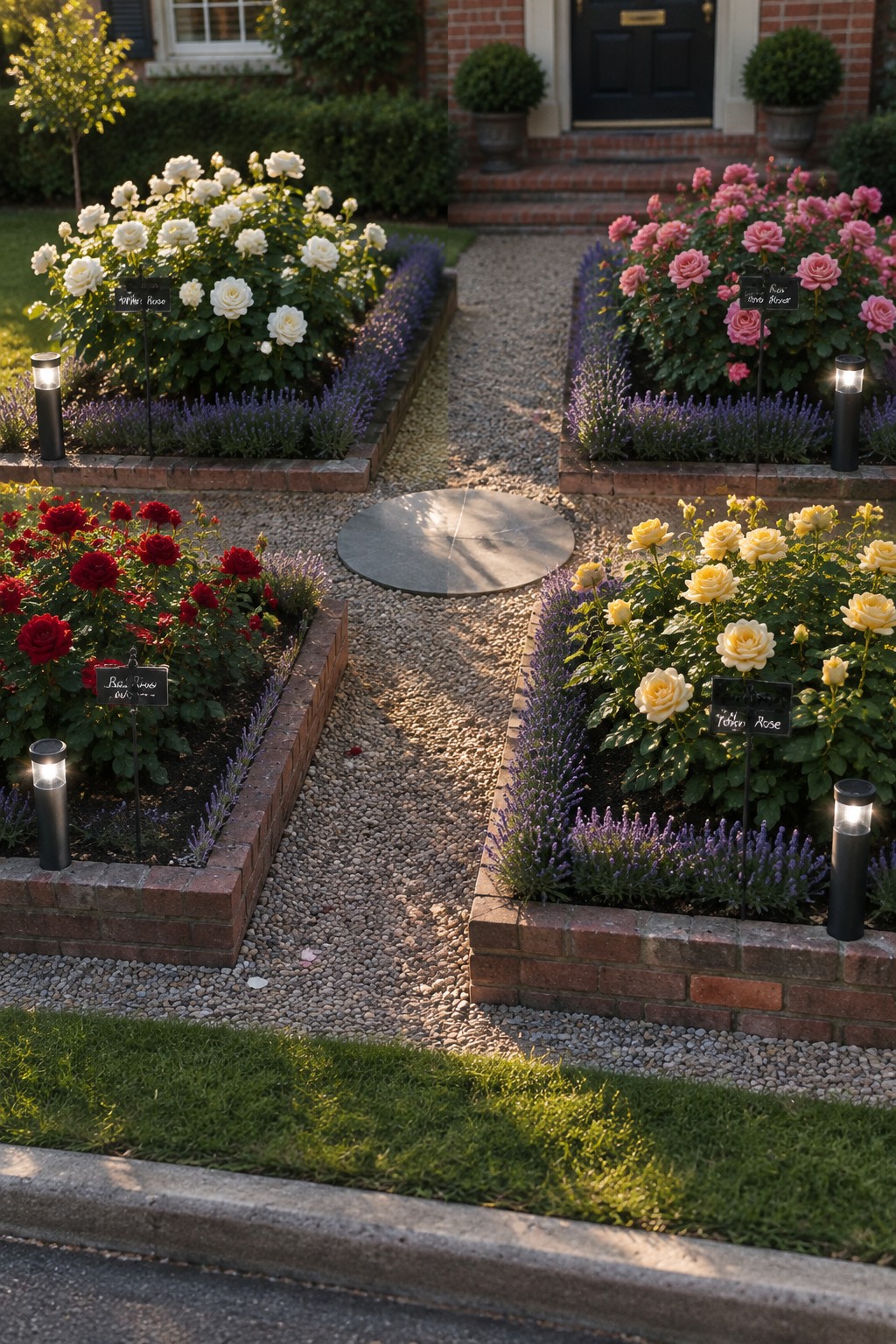 Four raised brick rose beds with white, pink, and red roses line gravel paths leading to a front door.