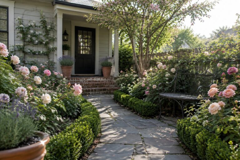 A curved stone walkway passes between pink and white rose bushes and low boxwood hedges toward a brick front porch.