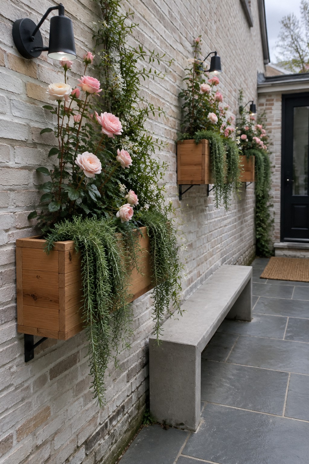 Wooden wall-mounted planters hold pink roses and trailing greenery along a light brick wall beside a stone bench.