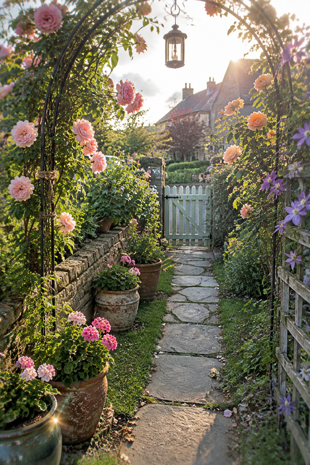 A stone path runs through a small garden with pink roses climbing a metal arch and a pale blue gate at the end.