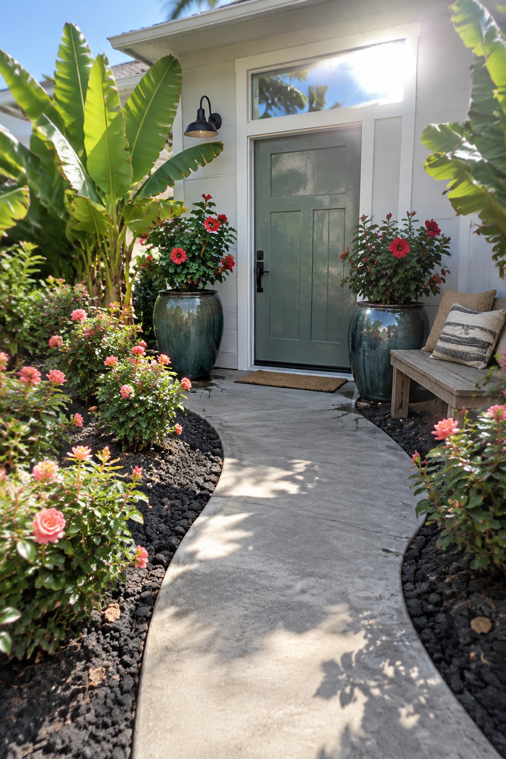 A curved concrete walkway leads to a green front door, bordered by rose bushes and other flowering plants.