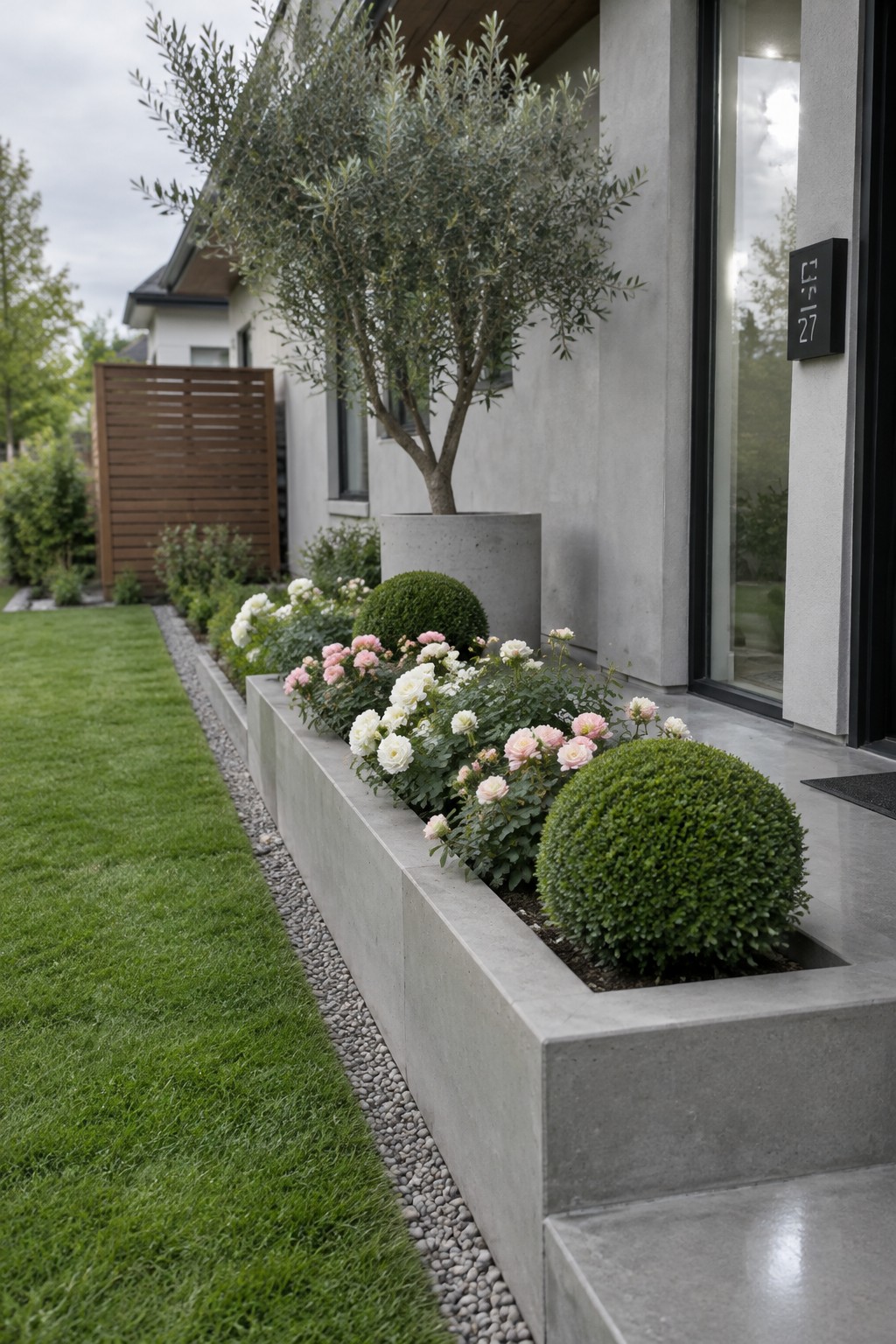 A raised concrete planter beside a modern house holds pink and white roses and clipped shrubs.