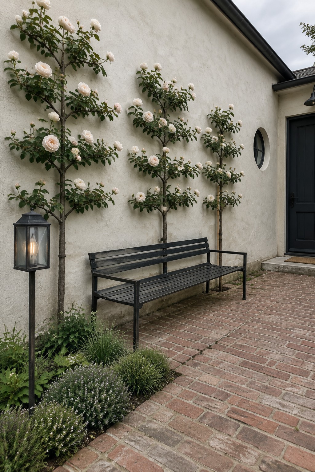 White climbing roses grow against a stucco wall above a black bench beside a brick walkway.