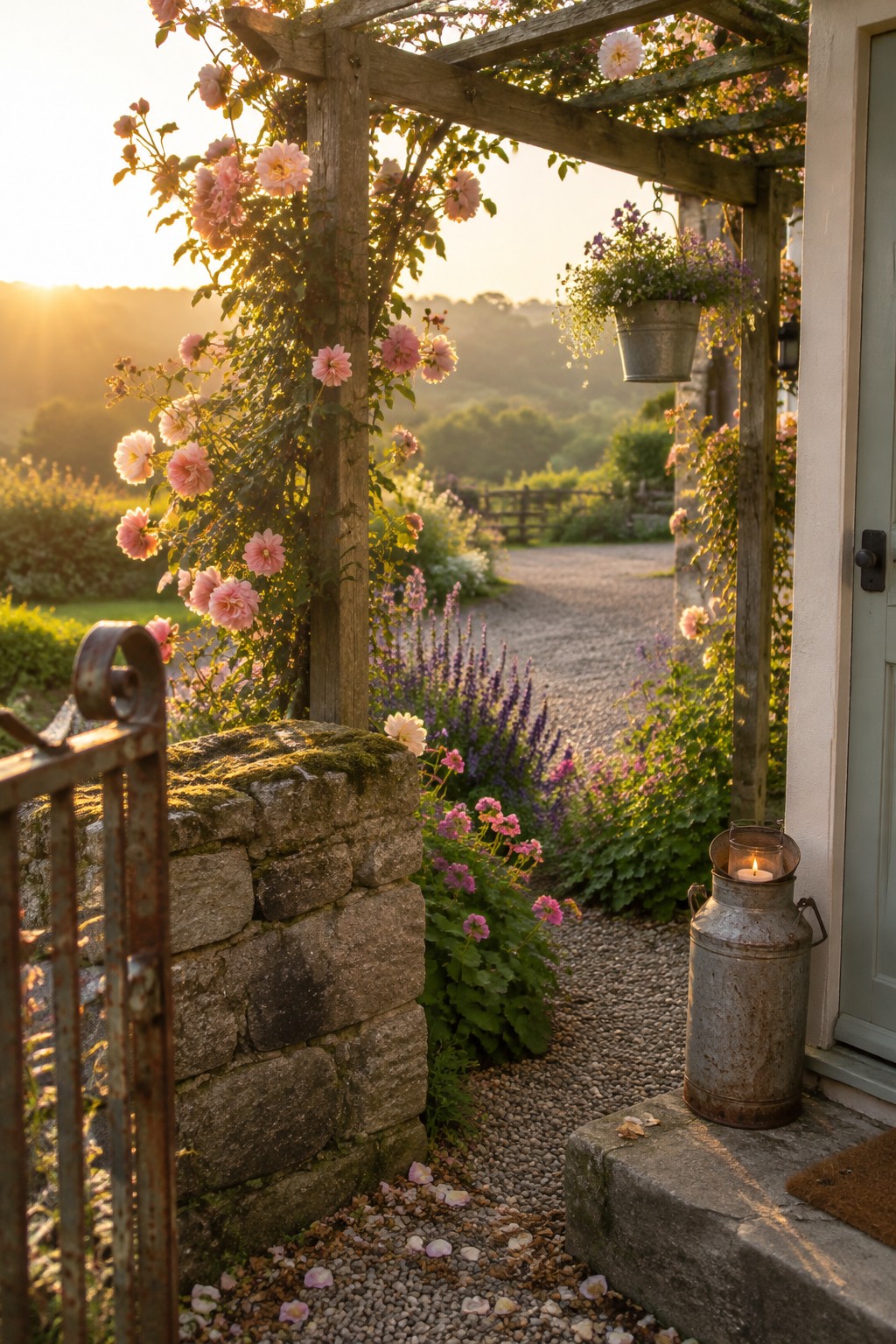Pink roses climb a wooden pergola beside a gravel garden path leading to a house entrance.