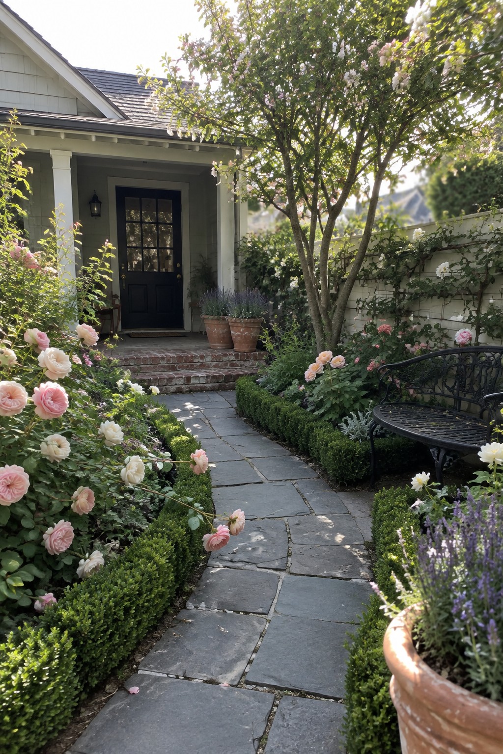 A curved stone walkway passes between pink and white rose bushes and low boxwood hedges toward a brick front porch.
