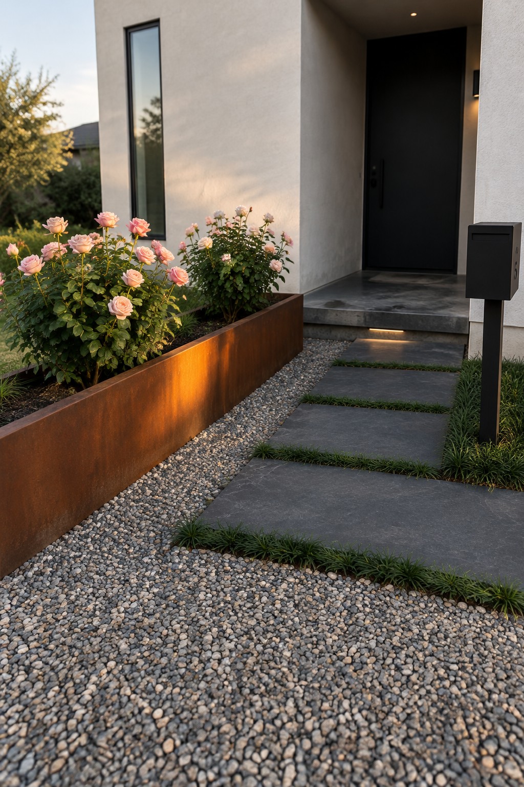 A gravel walkway with dark stepping stones passes beside a raised rust-colored planter filled with pink roses at a modern home’s entrance.