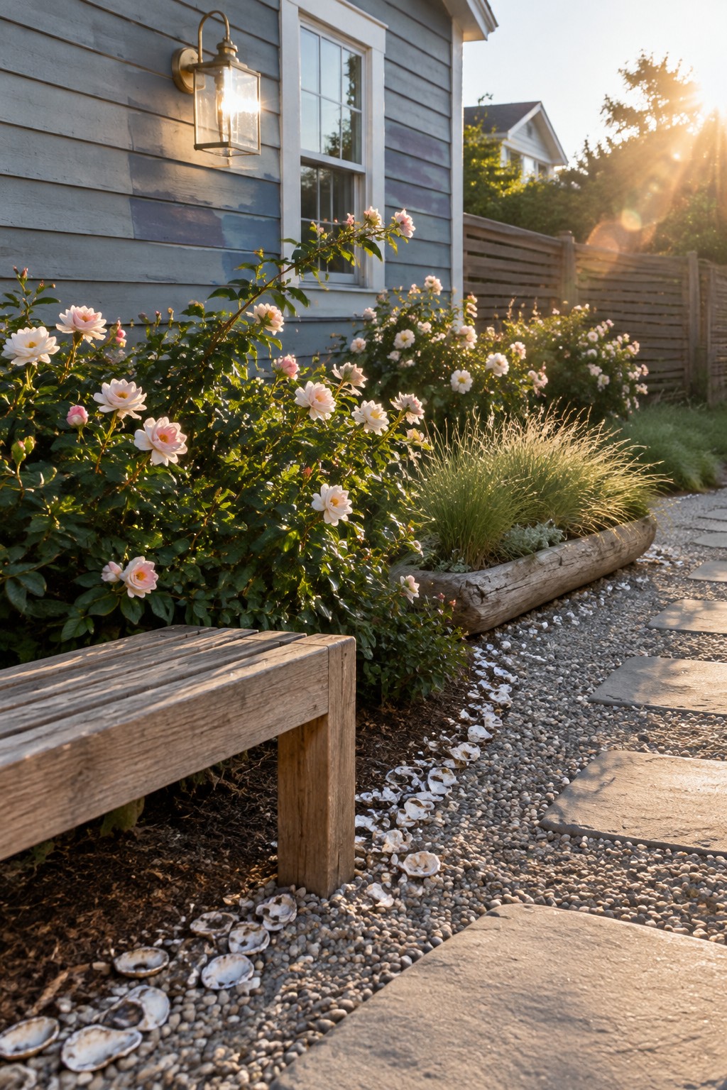 Pale pink roses grow beside a pebble path with stepping stones and a low wooden bench.