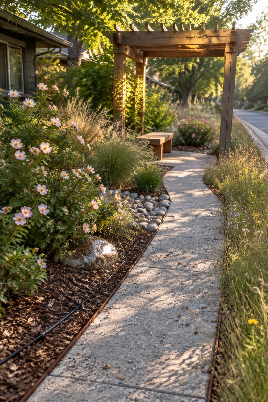 A curved concrete path passes beneath a wooden pergola in a front garden with flowering plants and grasses.