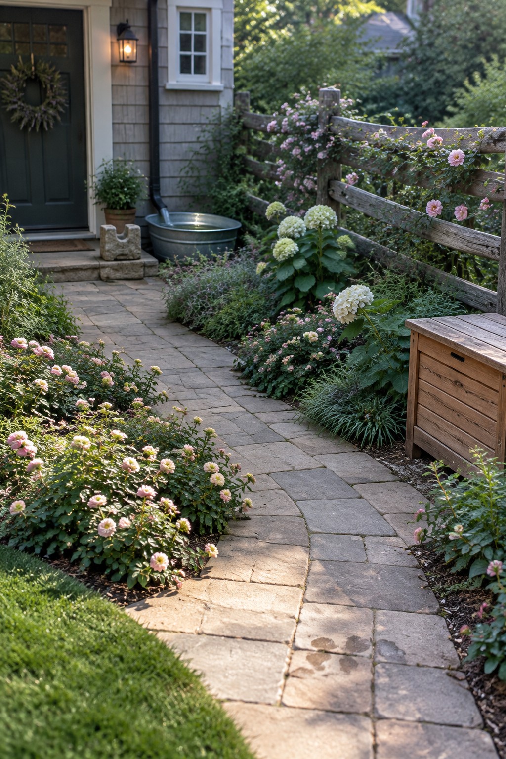 A curved stone path passes through flower beds beside a wooden fence and the entrance to a house.
