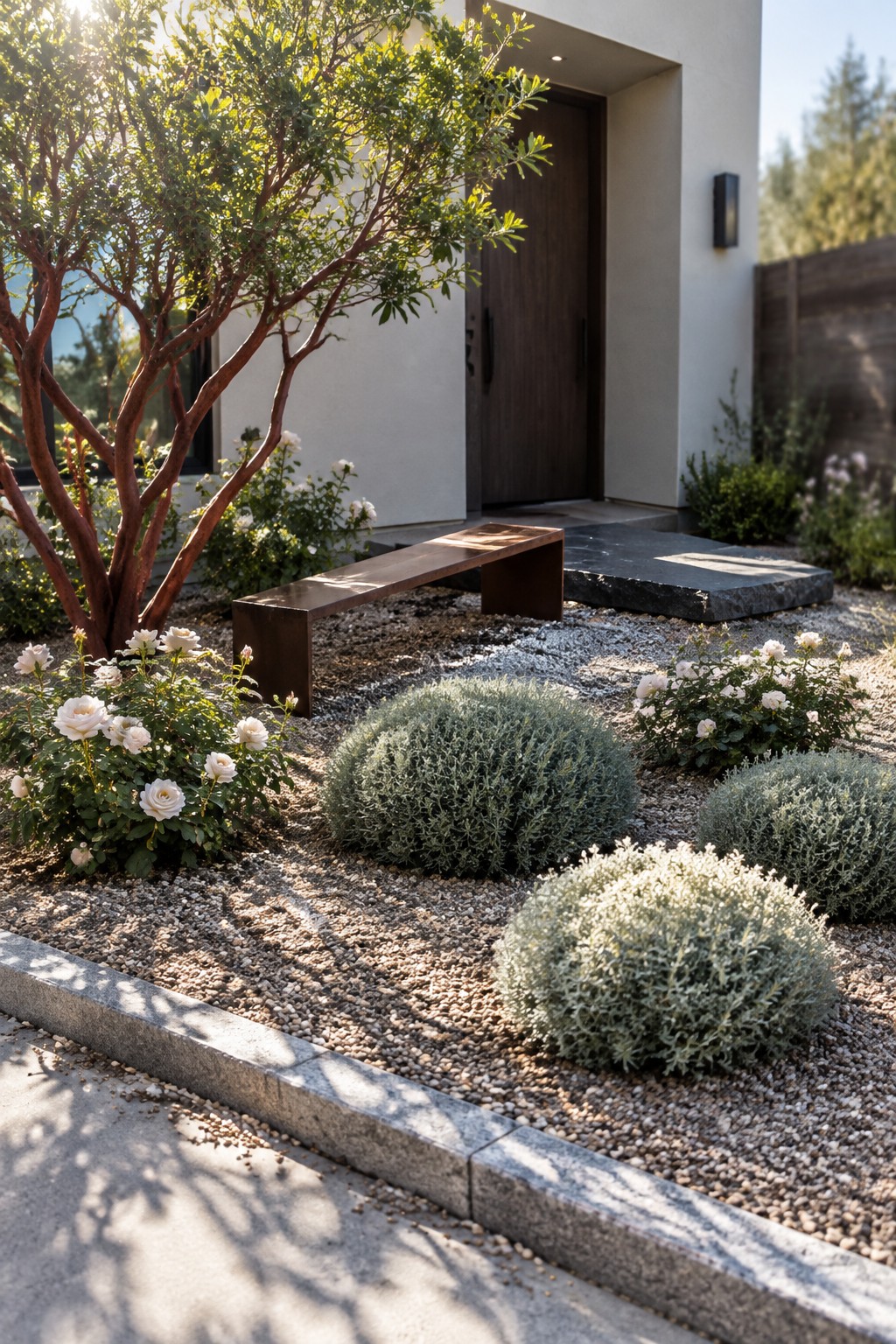 A small front garden with white roses, rounded shrubs, gravel mulch, a narrow bench, and stone edging near a modern home entrance.