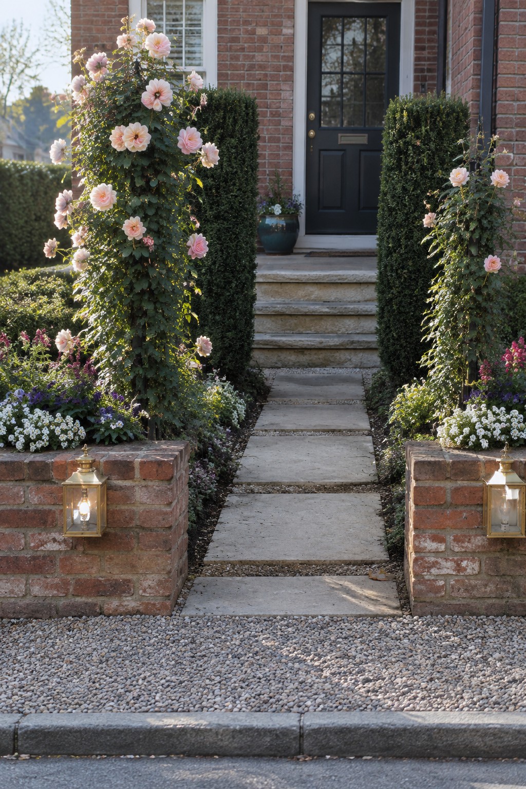 A stone walkway passes between tall pink rose bushes and clipped hedges toward the front steps of a brick house.
